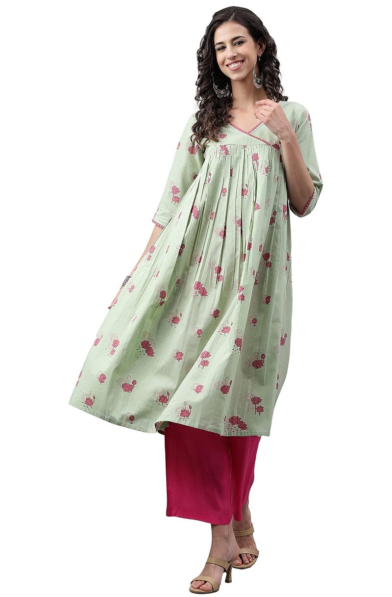 Janasya Women's Light Green Cotton Floral Printed Flared Kurta - Image 2